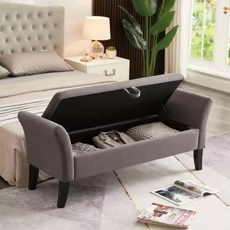 Banc de rangement en velours TUYOHW 51,5 avec accoudoirs incurvés, ottoman capitonné pour bout de lit avec pieds en bois massif pour chambre à coucher, salon, entrée