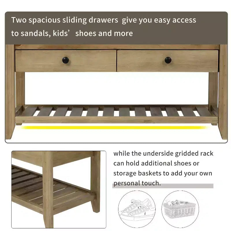 Banc de rangement de ferme en bois TUYOHW avec 2 tiroirs et étagère à chaussures, banc d'entrée patiné avec coussin pour chambre à coucher, salon