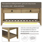 Banc de rangement de ferme en bois TUYOHW avec 2 tiroirs et étagère à chaussures, banc d'entrée patiné avec coussin pour chambre à coucher, salon