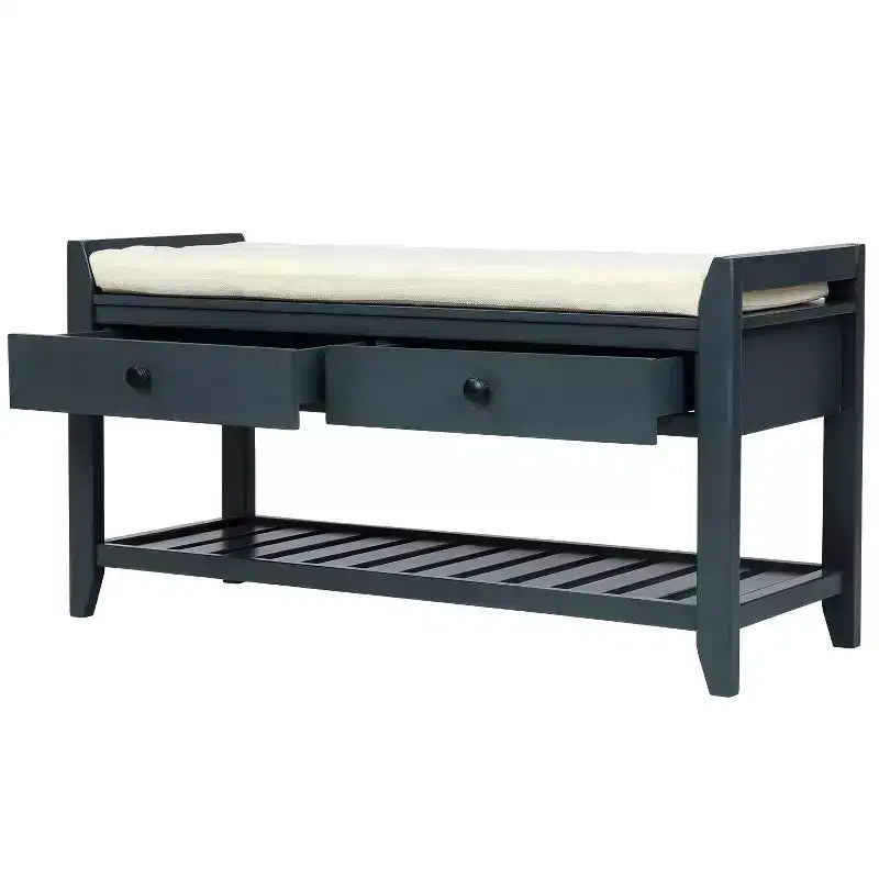 Banc de rangement de ferme en bois TUYOHW avec 2 tiroirs et étagère à chaussures, banc d'entrée patiné avec coussin pour chambre à coucher, salon