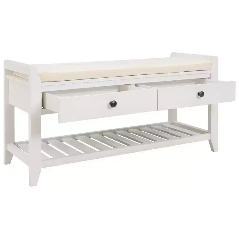 Banc de rangement de ferme en bois TUYOHW avec 2 tiroirs et étagère à chaussures, banc d'entrée patiné avec coussin pour chambre à coucher, salon