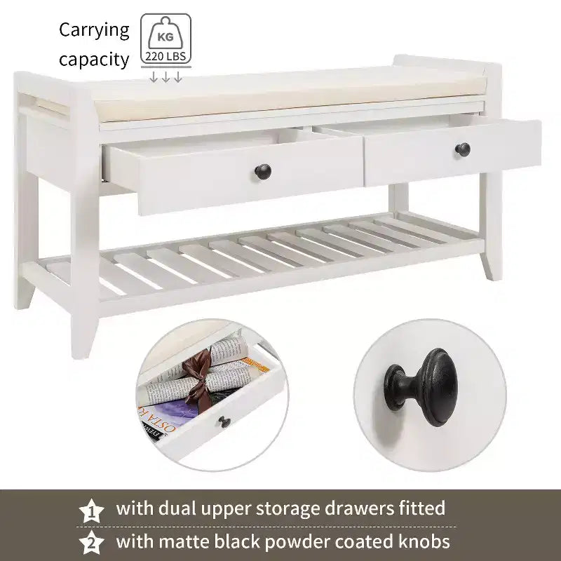 Banc de rangement de ferme en bois TUYOHW avec 2 tiroirs et étagère à chaussures, banc d'entrée patiné avec coussin pour chambre à coucher, salon