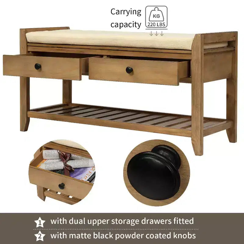 Banc de rangement de ferme en bois TUYOHW avec 2 tiroirs et étagère à chaussures, banc d'entrée patiné avec coussin pour chambre à coucher, salon