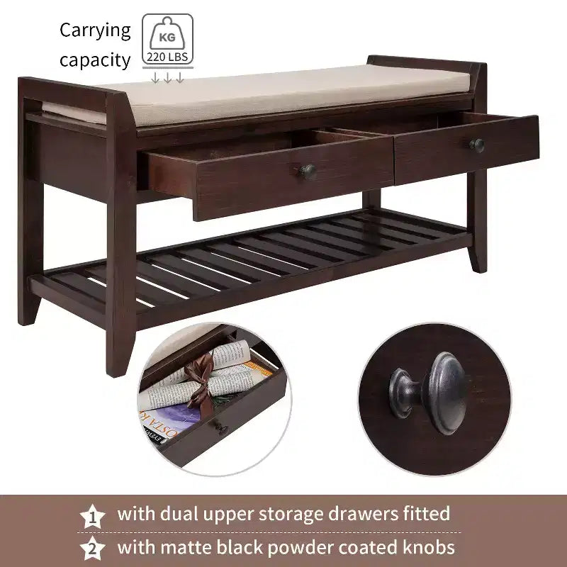 Banc de rangement de ferme en bois TUYOHW avec 2 tiroirs et étagère à chaussures, banc d'entrée patiné avec coussin pour chambre à coucher, salon