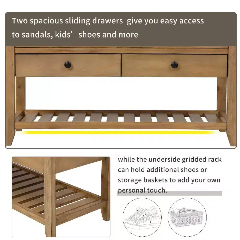 Banc de rangement de ferme en bois TUYOHW avec 2 tiroirs et étagère à chaussures, banc d'entrée patiné avec coussin pour chambre à coucher, salon