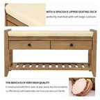 Banc de rangement de ferme en bois TUYOHW avec 2 tiroirs et étagère à chaussures, banc d'entrée patiné avec coussin pour chambre à coucher, salon