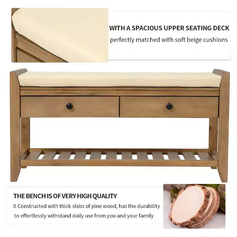 Banc de rangement de ferme en bois TUYOHW avec 2 tiroirs et étagère à chaussures, banc d'entrée patiné avec coussin pour chambre à coucher, salon