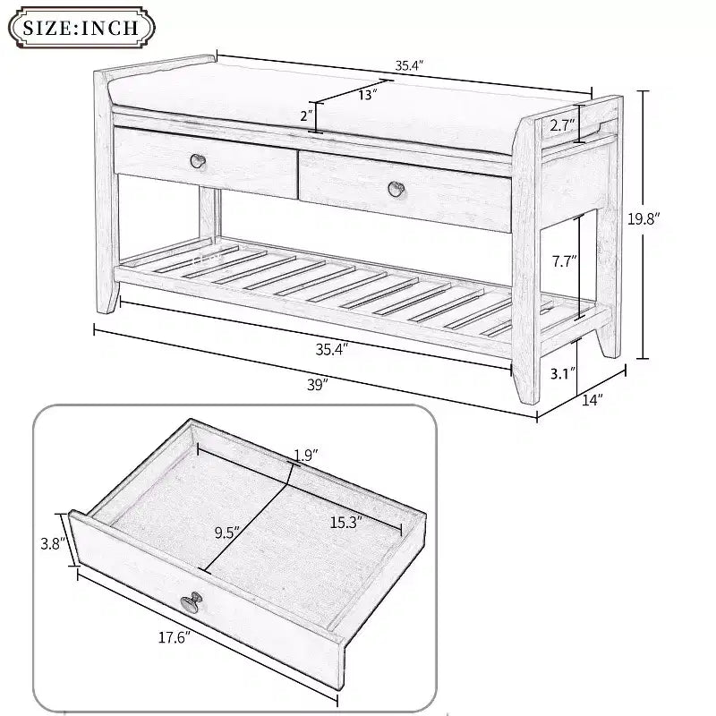 Banc de rangement de ferme en bois TUYOHW avec 2 tiroirs et étagère à chaussures, banc d'entrée patiné avec coussin pour chambre à coucher, salon