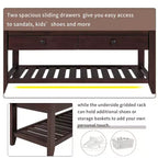 Banc de rangement de ferme en bois TUYOHW avec 2 tiroirs et étagère à chaussures, banc d'entrée patiné avec coussin pour chambre à coucher, salon