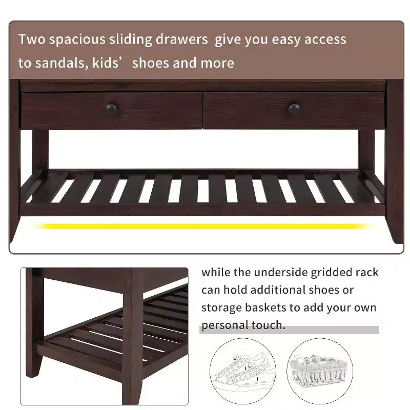 Banc de rangement de ferme en bois TUYOHW avec 2 tiroirs et étagère à chaussures, banc d'entrée patiné avec coussin pour chambre à coucher, salon