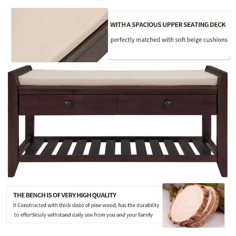 Banc de rangement de ferme en bois TUYOHW avec 2 tiroirs et étagère à chaussures, banc d'entrée patiné avec coussin pour chambre à coucher, salon