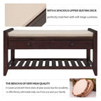 Banc de rangement de ferme en bois TUYOHW avec 2 tiroirs et étagère à chaussures, banc d'entrée patiné avec coussin pour chambre à coucher, salon