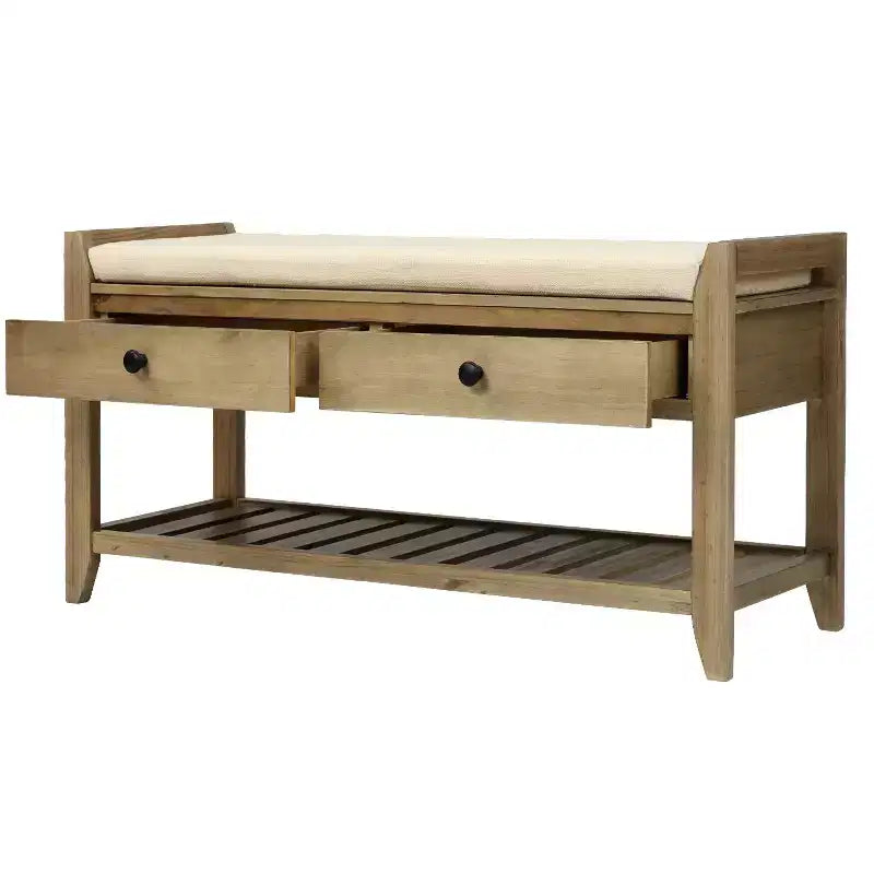 Banc de rangement de ferme en bois TUYOHW avec 2 tiroirs et étagère à chaussures, banc d'entrée patiné avec coussin pour chambre à coucher, salon