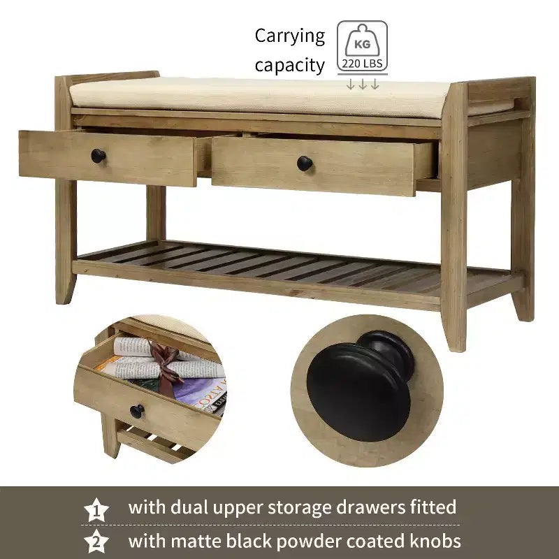Banc de rangement de ferme en bois TUYOHW avec 2 tiroirs et étagère à chaussures, banc d'entrée patiné avec coussin pour chambre à coucher, salon