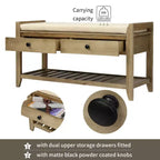 Banc de rangement de ferme en bois TUYOHW avec 2 tiroirs et étagère à chaussures, banc d'entrée patiné avec coussin pour chambre à coucher, salon