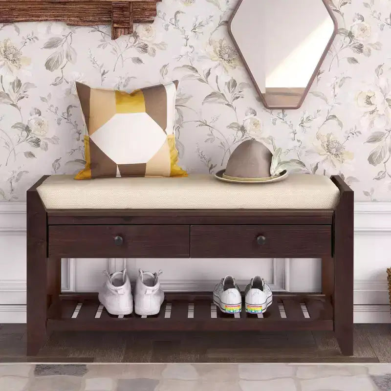 Banc de rangement de ferme en bois TUYOHW avec 2 tiroirs et étagère à chaussures, banc d'entrée patiné avec coussin pour chambre à coucher, salon