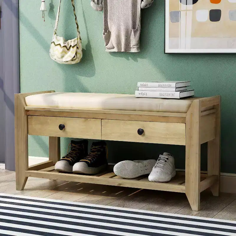 Banc de rangement de ferme en bois TUYOHW avec 2 tiroirs et étagère à chaussures, banc d'entrée patiné avec coussin pour chambre à coucher, salon