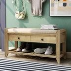 Banc de rangement de ferme en bois TUYOHW avec 2 tiroirs et étagère à chaussures, banc d'entrée patiné avec coussin pour chambre à coucher, salon