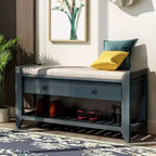 TUYOHW Farmhouse Wood Storage Bench with 2 Drawers & Shoe Rack,Weathered Entryway Bench with Cushion for Bedroom,Living Room