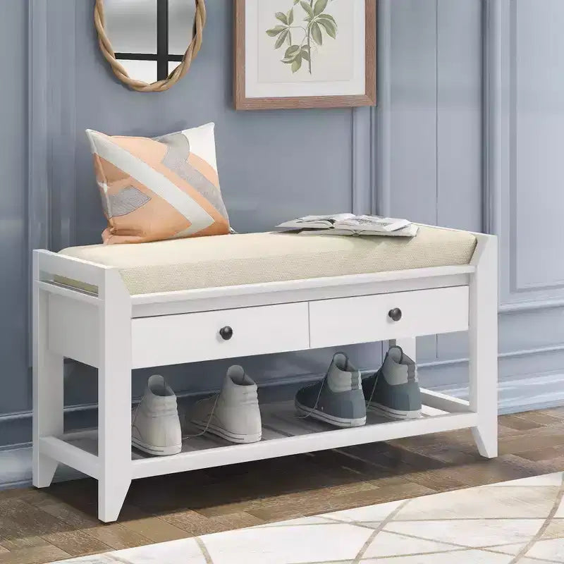 Banc de rangement de ferme en bois TUYOHW avec 2 tiroirs et étagère à chaussures, banc d'entrée patiné avec coussin pour chambre à coucher, salon