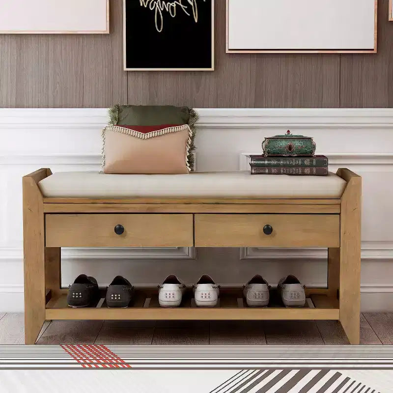 Banc de rangement de ferme en bois TUYOHW avec 2 tiroirs et étagère à chaussures, banc d'entrée patiné avec coussin pour chambre à coucher, salon