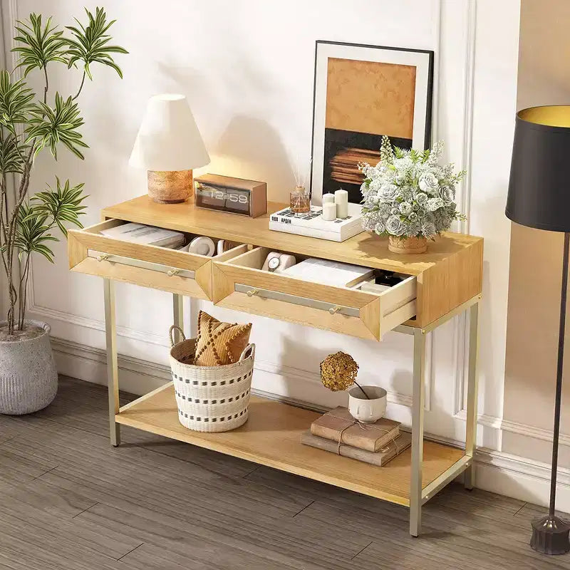 Console rétro avec tiroirs géométriques, table d'entrée en bois de paulownia avec accents dorés et rangement