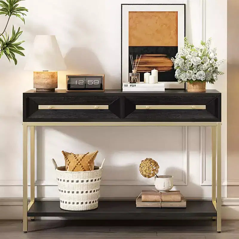 Console rétro avec tiroirs géométriques, table d'entrée en bois de paulownia avec accents dorés et rangement