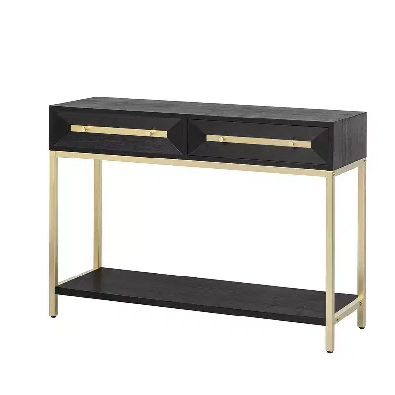 Console rétro avec tiroirs géométriques, table d'entrée en bois de paulownia avec accents dorés et rangement