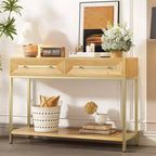 Console rétro avec tiroirs géométriques, table d'entrée en bois de paulownia avec accents dorés et rangement