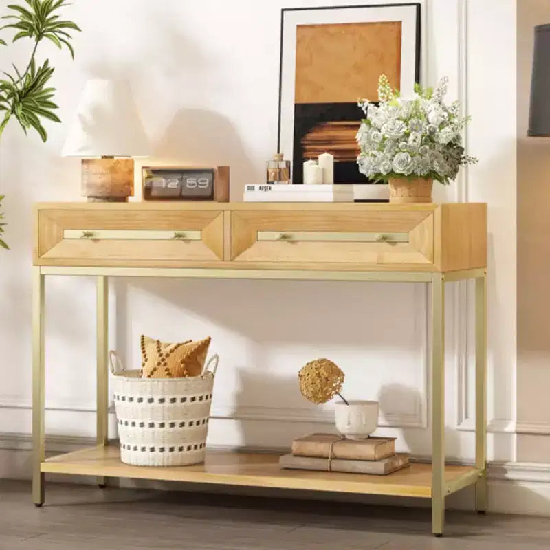 Console rétro avec tiroirs géométriques, table d'entrée en bois de paulownia avec accents dorés et rangement