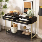 Retro Console Table with Geometric Drawers, Paulownia Wood Entryway Sofa Table with Gold Accents and Storage