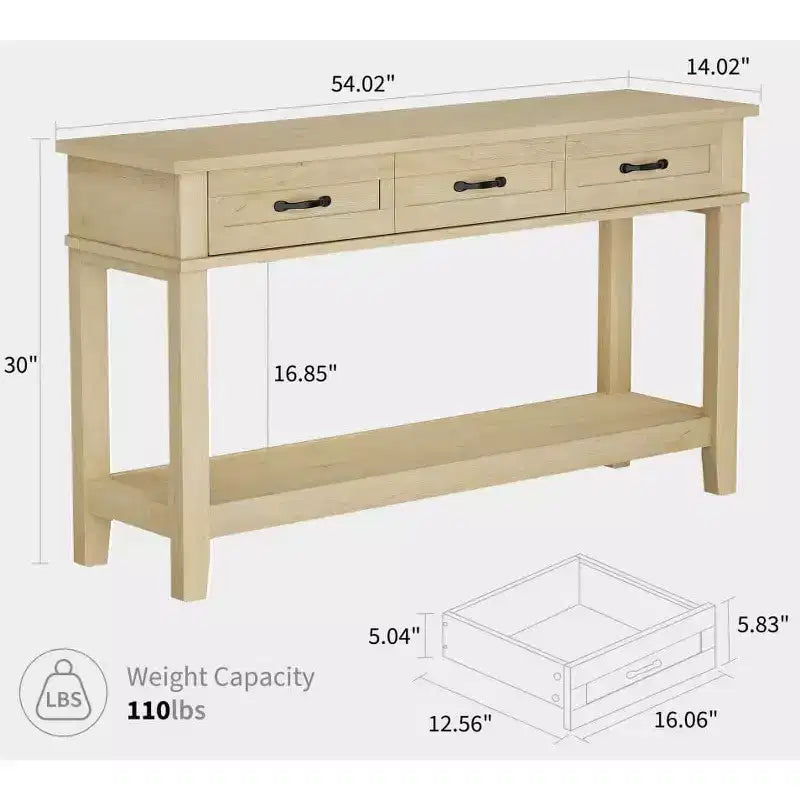 Table d'entrée de ferme, console à 3 niveaux avec 3 tiroirs de rangement, table de canapé en bois de 54 pouces pour entrée de salon, table de couloir