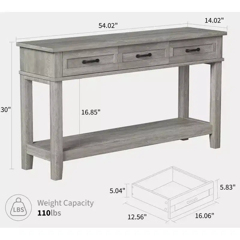 Table d'entrée de ferme, console à 3 niveaux avec 3 tiroirs de rangement, table de canapé en bois de 54 pouces pour entrée de salon, table de couloir
