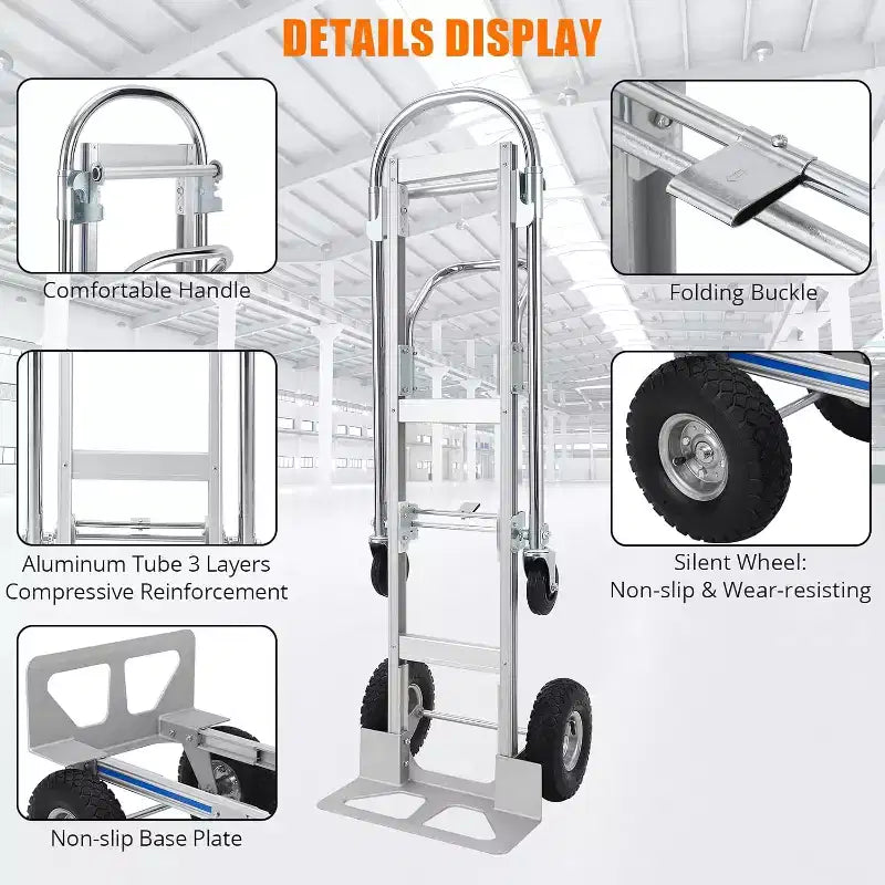 Diable et chariot pliant 2-en-1 COZONY avec capacité de 360 kg | Diable convertible tout-terrain à roues en caoutchouc pour entrepôt et usage domestique