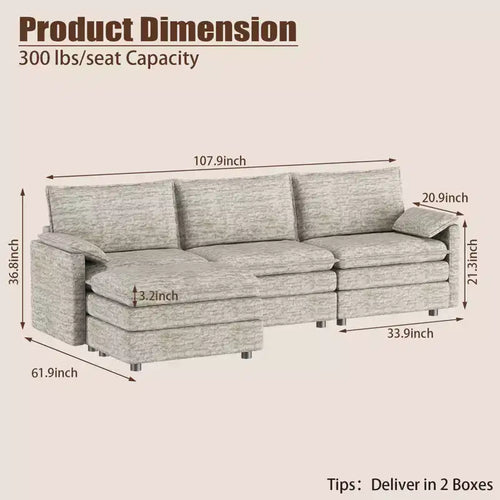 Canapé modulaire 108" avec pouf, canapé nuage moderne confortable, canapé modulaire en forme de L en chenille avec assise profonde, canapé sectionnel extra large pour appartement