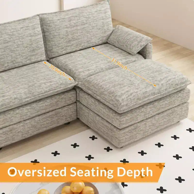 Canapé modulaire 108" avec pouf, canapé nuage moderne confortable, canapé modulaire en forme de L en chenille avec assise profonde, canapé sectionnel extra large pour appartement