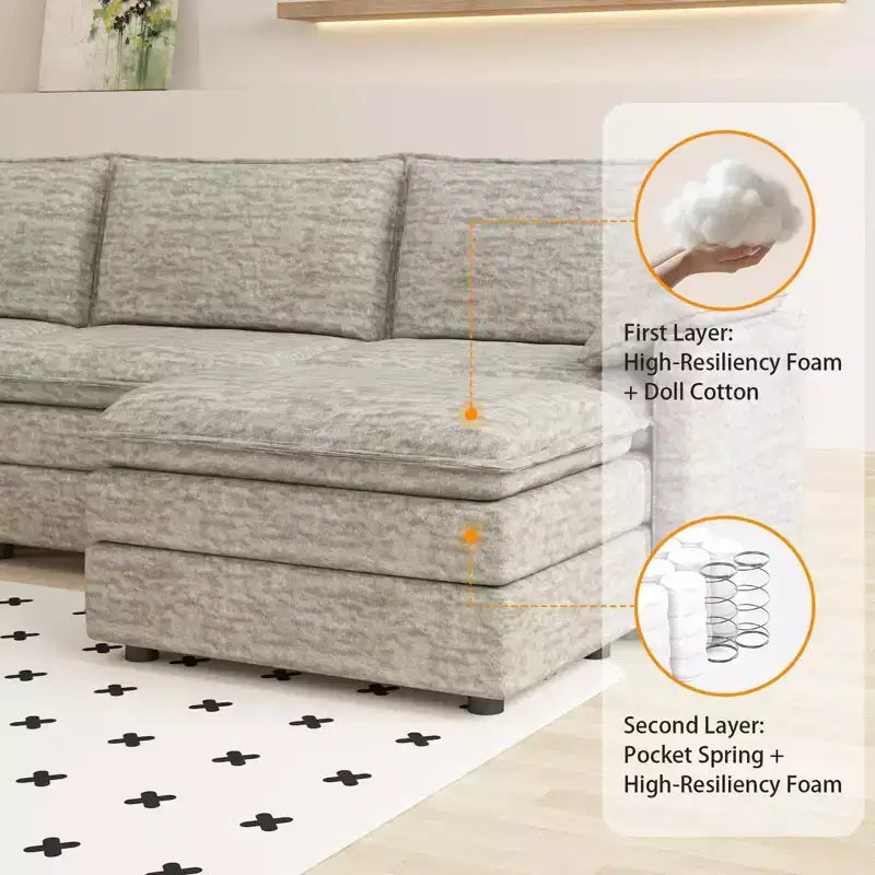 Canapé modulaire 108" avec pouf, canapé nuage moderne confortable, canapé modulaire en forme de L en chenille avec assise profonde, canapé sectionnel extra large pour appartement