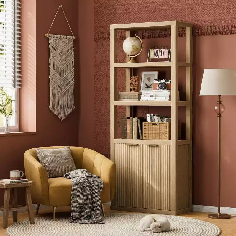 Bibliothèque à 5 niveaux avec portes, étagère de rangement haute, meuble vitrine en bois, bibliothèque sur pied pour salon et bureau.