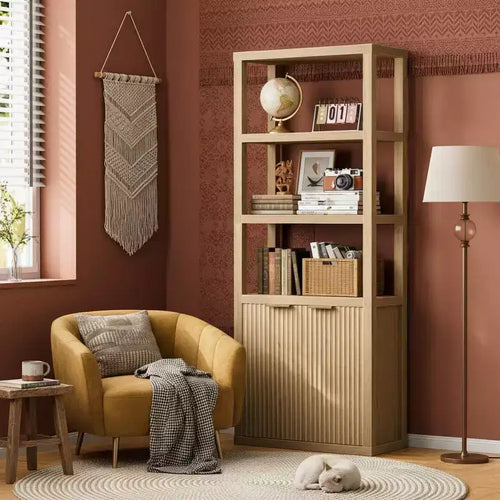 Bibliothèque à 5 niveaux avec portes, étagère de rangement haute, meuble vitrine en bois, bibliothèque sur pied pour salon et bureau.