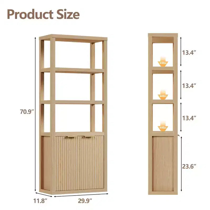 Bibliothèque à 5 niveaux avec portes, étagère de rangement haute, meuble vitrine en bois, bibliothèque sur pied pour salon et bureau.