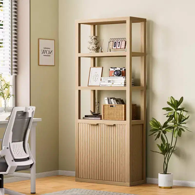 Bibliothèque à 5 niveaux avec portes, étagère de rangement haute, meuble vitrine en bois, bibliothèque sur pied pour salon et bureau.