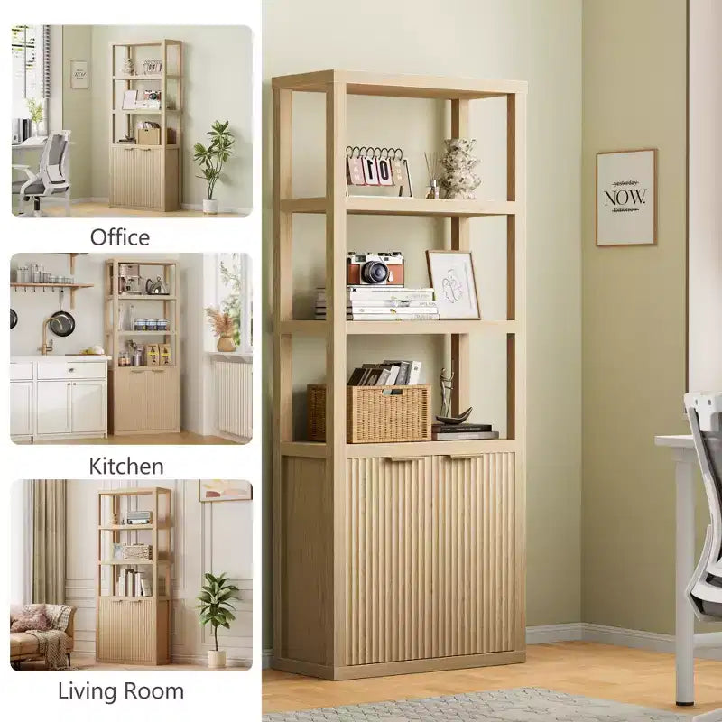 Bibliothèque à 5 niveaux avec portes, étagère de rangement haute, meuble vitrine en bois, bibliothèque sur pied pour salon et bureau.
