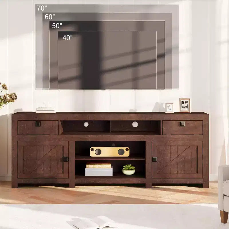 Meuble TV de ferme pour téléviseurs jusqu'à 80 pouces, long meuble de rangement avec 4 tiroirs de rangement et 3 étagères ouvertes, consoles de télévision pour salon