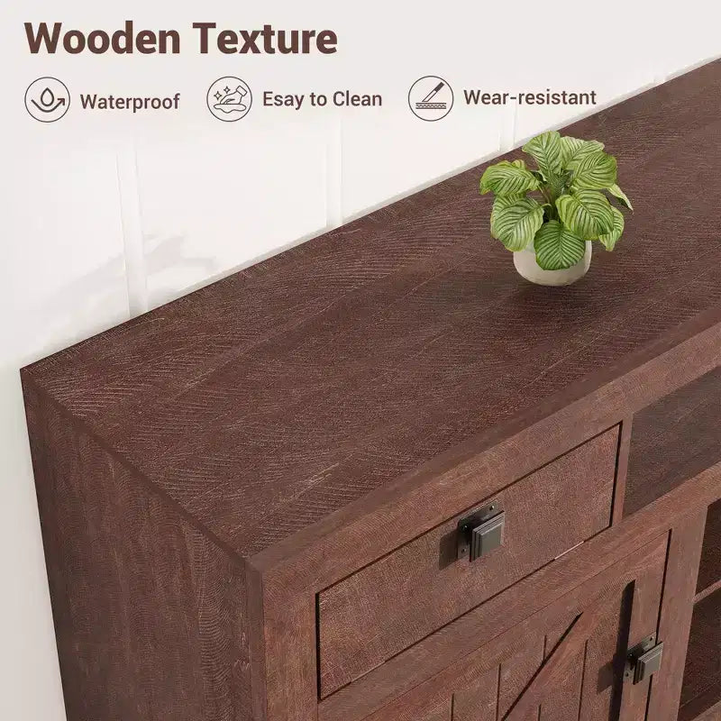 Meuble TV de ferme pour téléviseurs jusqu'à 80 pouces, long meuble de rangement avec 4 tiroirs de rangement et 3 étagères ouvertes, consoles de télévision pour salon