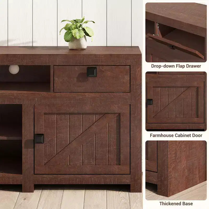 Meuble TV de ferme pour téléviseurs jusqu'à 80 pouces, long meuble de rangement avec 4 tiroirs de rangement et 3 étagères ouvertes, consoles de télévision pour salon