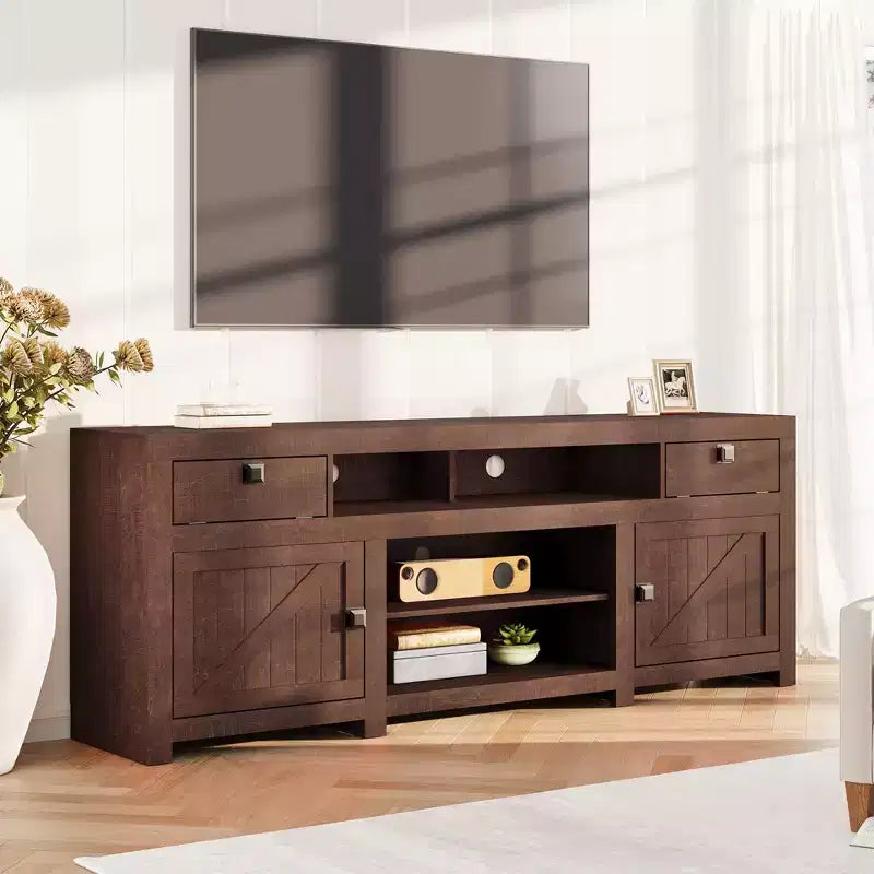 Meuble TV de ferme pour téléviseurs jusqu'à 80 pouces, long meuble de rangement avec 4 tiroirs de rangement et 3 étagères ouvertes, consoles de télévision pour salon