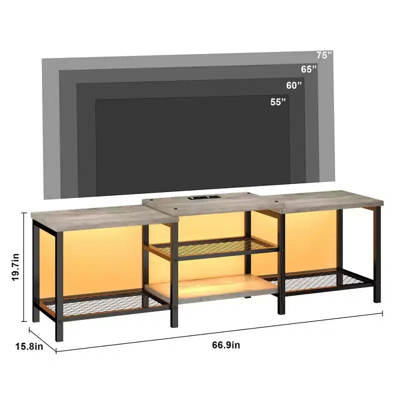 Meuble TV avec lumières LED pour téléviseurs jusqu'à 75 pouces, meuble TV de 170 cm avec prises électriques, table console pour salon