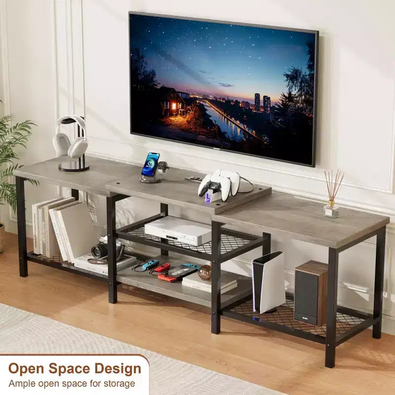 Meuble TV avec lumières LED pour téléviseurs jusqu'à 75 pouces, meuble TV de 170 cm avec prises électriques, table console pour salon