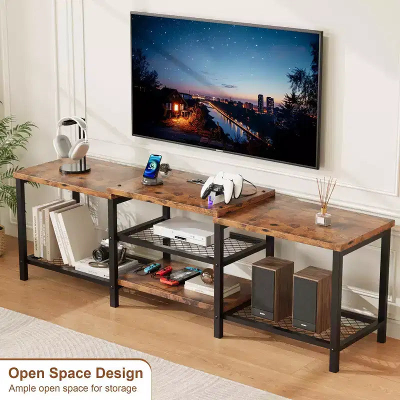 Meuble TV avec lumières LED pour téléviseurs jusqu'à 75 pouces, meuble TV de 170 cm avec prises électriques, table console pour salon