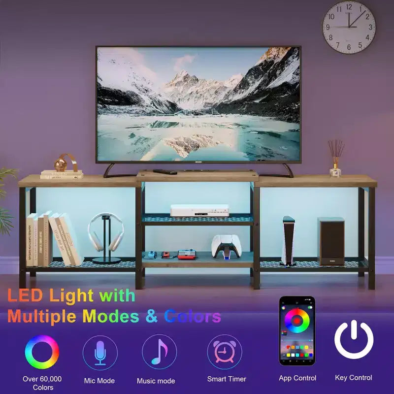 Meuble TV avec lumières LED pour téléviseurs jusqu'à 75 pouces, meuble TV de 170 cm avec prises électriques, table console pour salon